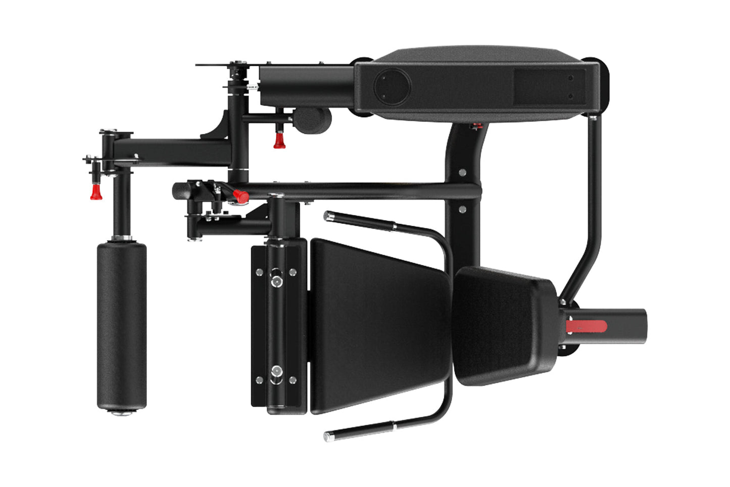 Black commercial leg curl machine with padded seat, footrest, and adjustment handles on white background