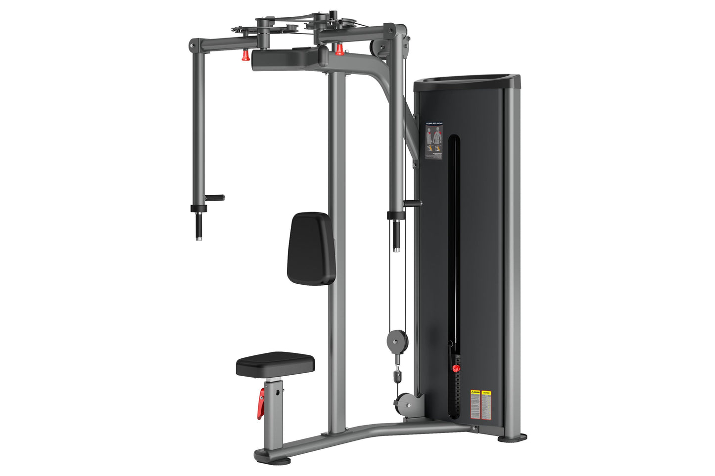 Black and gray commercial pectoral fly and rear deltoid machine with weight stack, dual handles, and cushioned seat on white