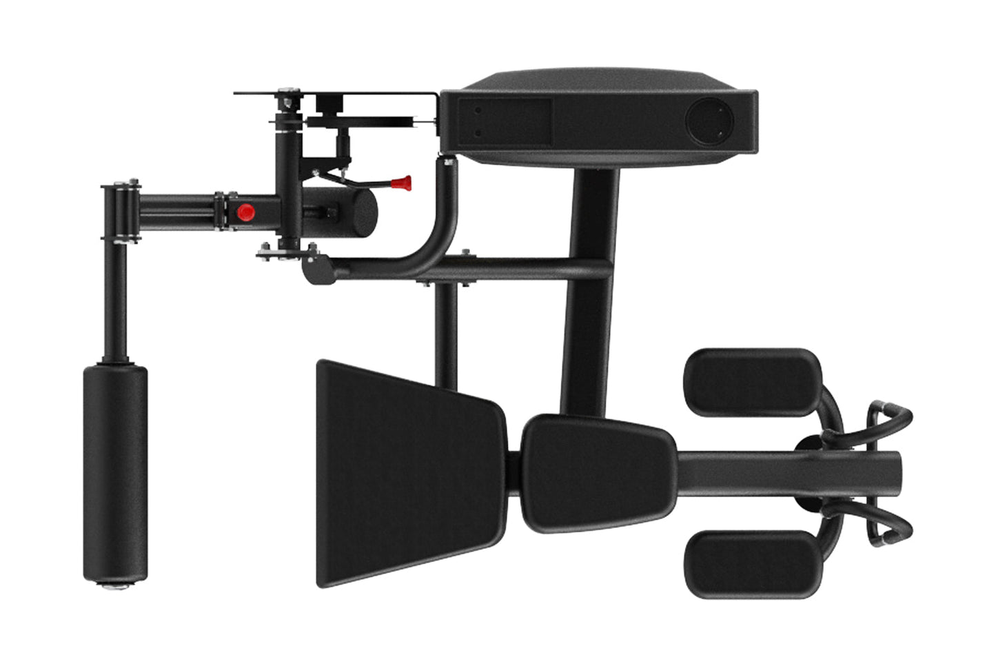 Black commercial leg curl machine with padded foot platform, seat, and backrest on white background