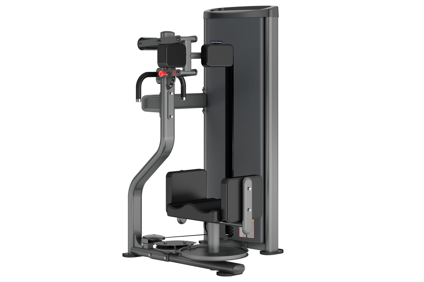 Black commercial rotary torso exercise machine with padded seat, adjustable handles, and tall vertical frame on white backgro