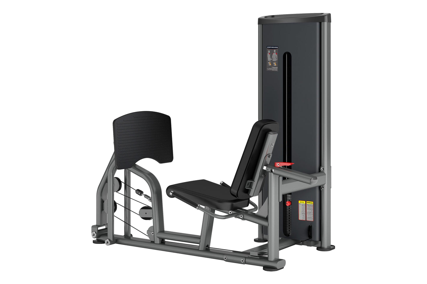 Black and gray commercial leg press machine with padded seat and backrest, adjustable foot platform, and tall vertical frame