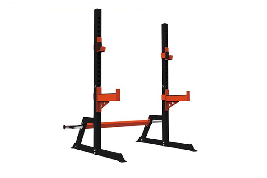 Warrior Deluxe Squat Stand with black uprights, red safety arms and connecting bar on white background