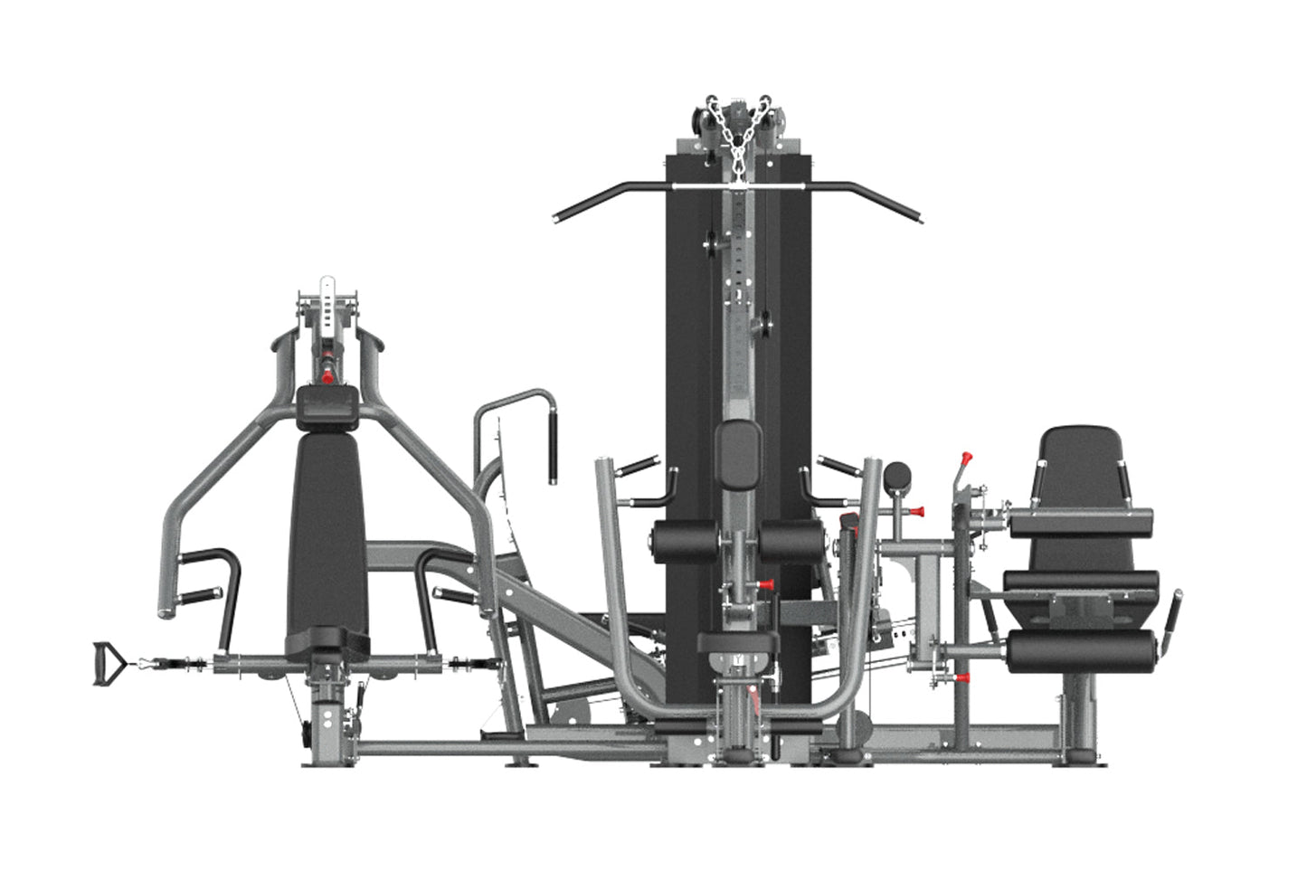 Multi-station commercial home gym equipment with black padding and gray frame, featuring leg press, chest press, lat pulldown