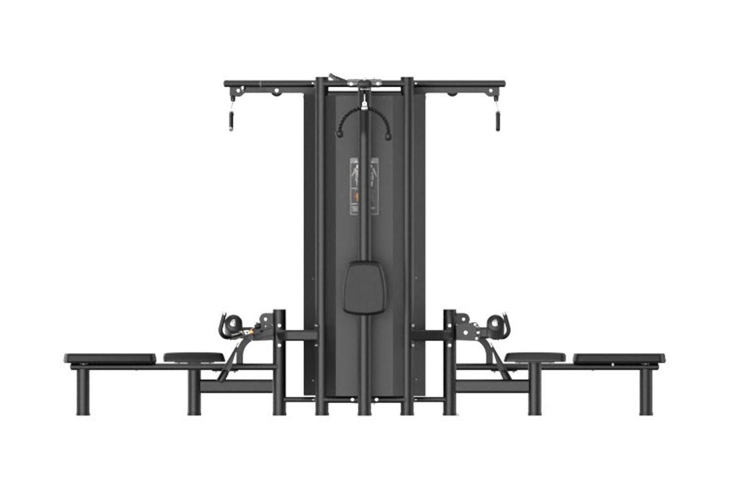 Black multi-station gym equipment with eight weight stacks, dual cable pulleys, and overhead pull-down bar on white backgroun