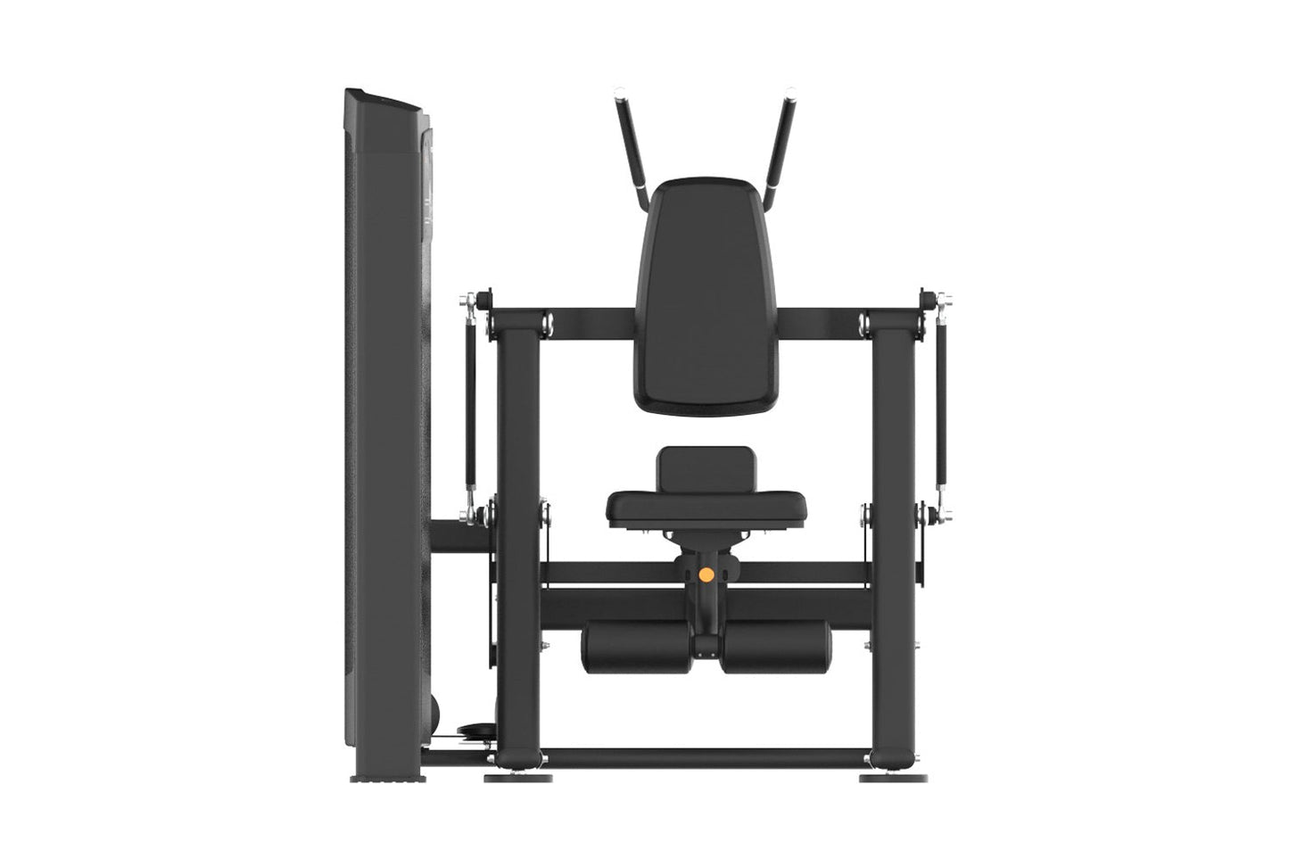Black commercial abdominal crunch machine with padded seat and back support, dual arm handles, and weight stack on white back