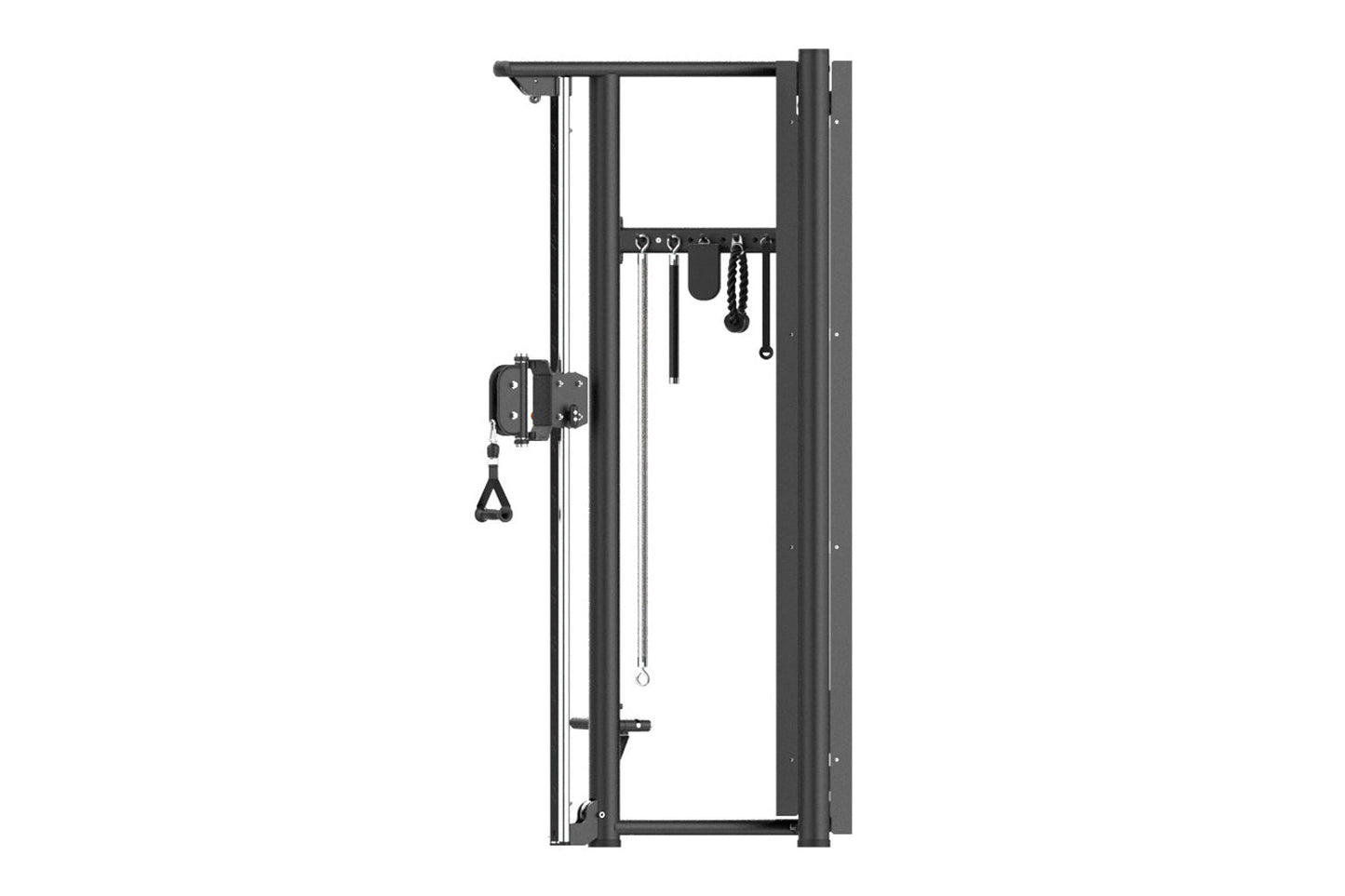 Black dual adjustable pulley machine with vertical frame, cable system, and hanging attachment handles on white background