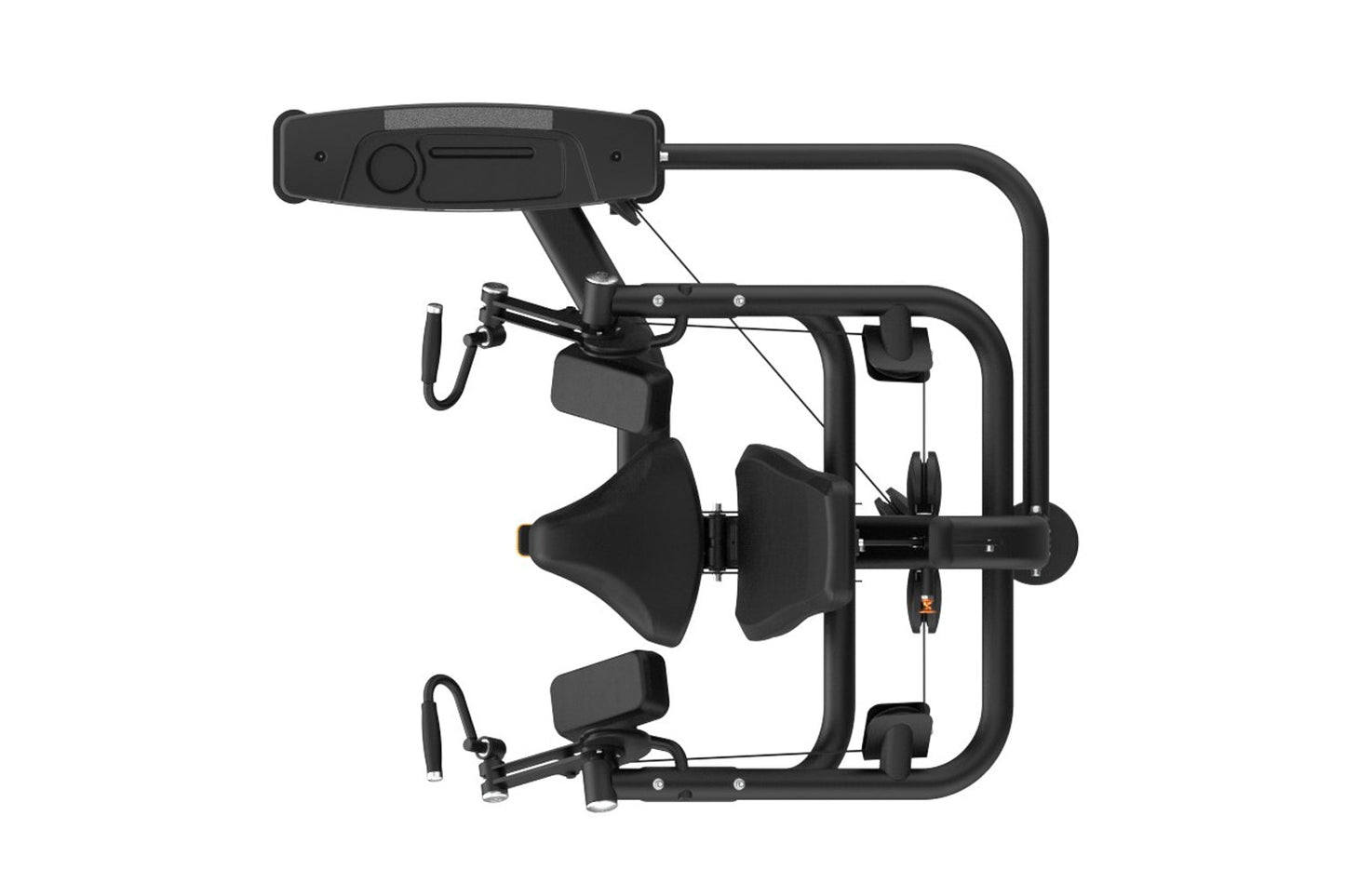Black commercial iso-lateral seated biceps curl machine with dual padded armrests, control panel, and foot platform on white