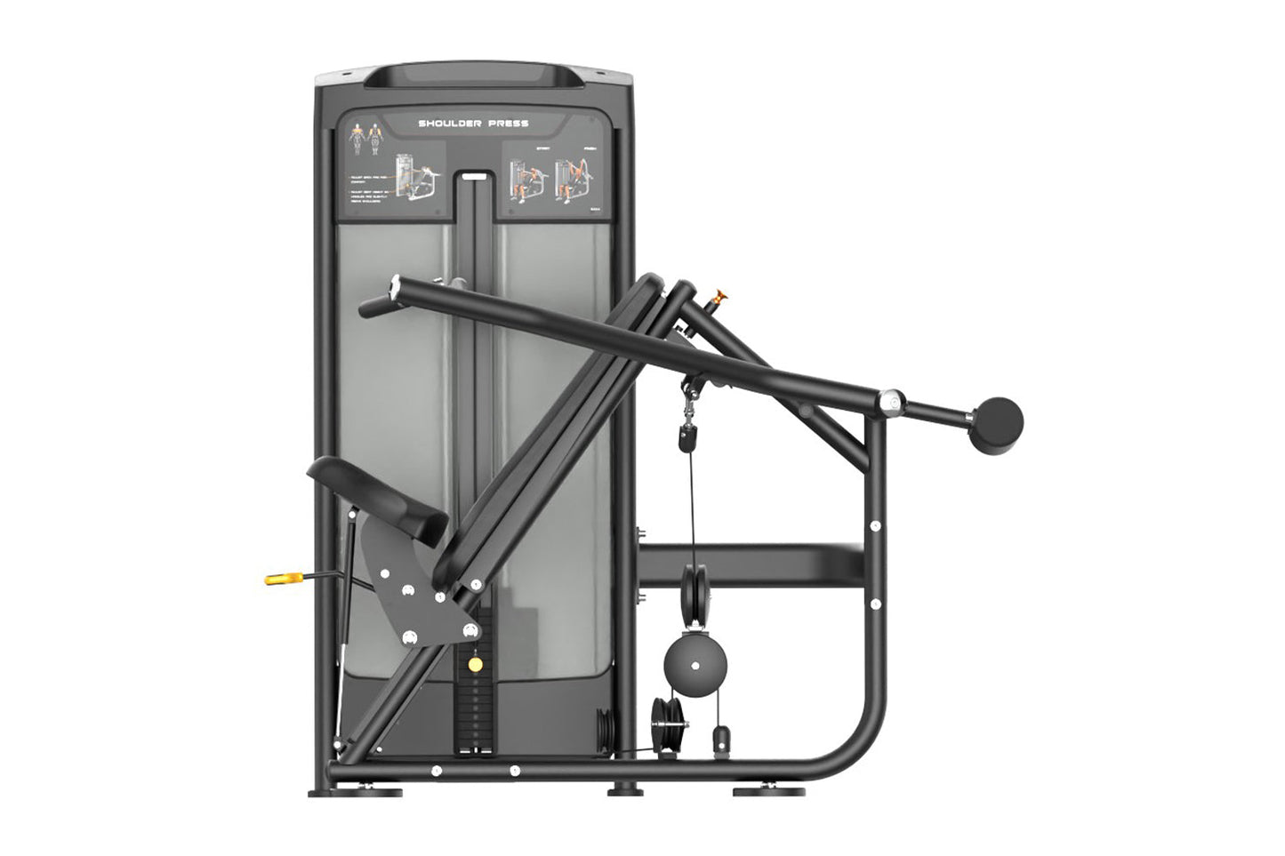 Black commercial shoulder press machine with gray panels, dual weight stacks, and instruction diagrams on display, shown on w