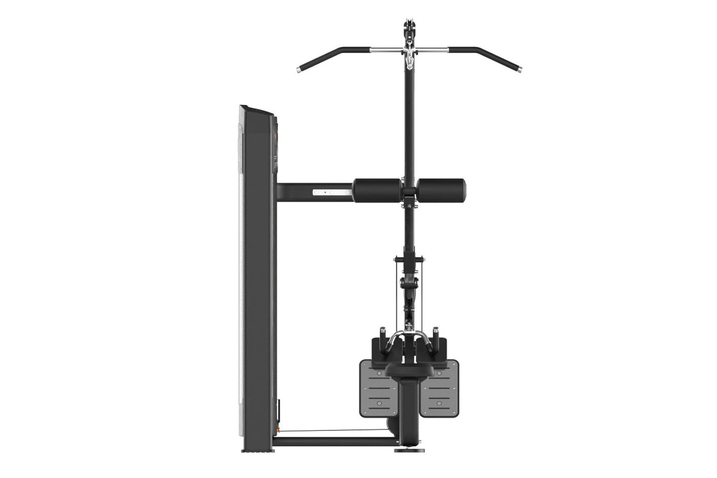 Warrior Elite black commercial lat pulldown and seated row machine with weight stack, shown from side view on white backgroun