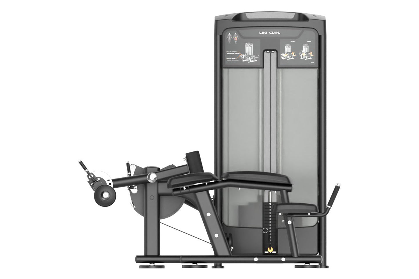 Leg Curl machine with black frame, gray padded seat, and instruction panel, front view on white background