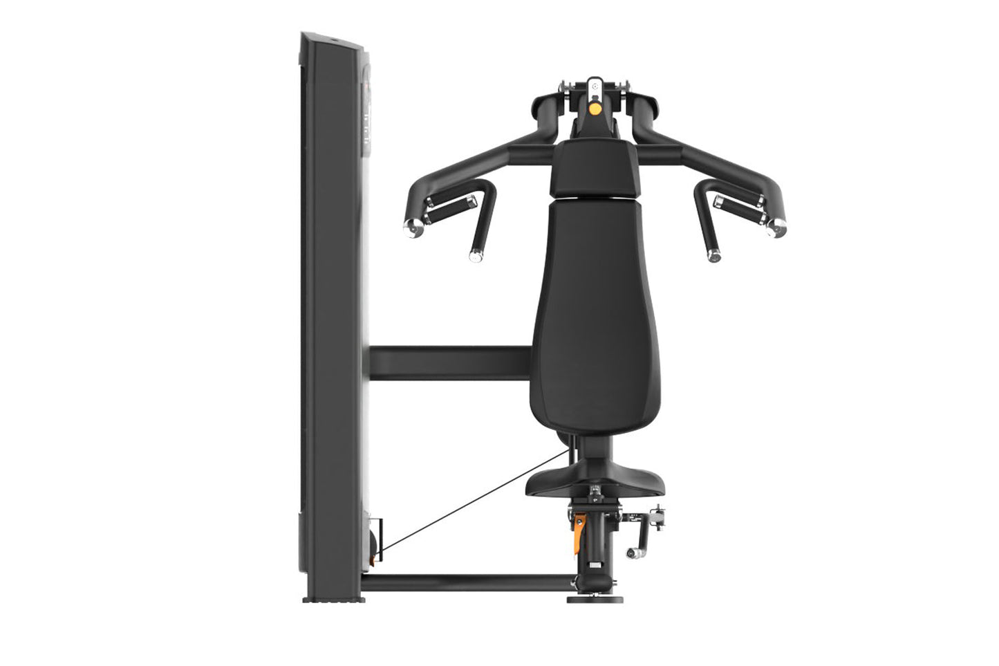 Black commercial chest press machine with dual handles, padded seat, and metal frame on white background