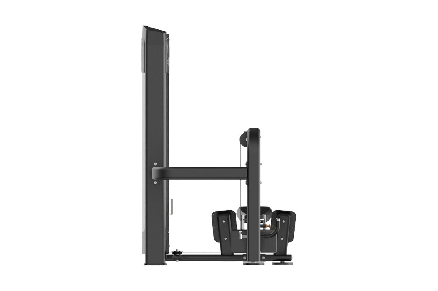 Black commercial multi-pulley row machine with vertical frame, adjustable seat, and handle attachments on white background