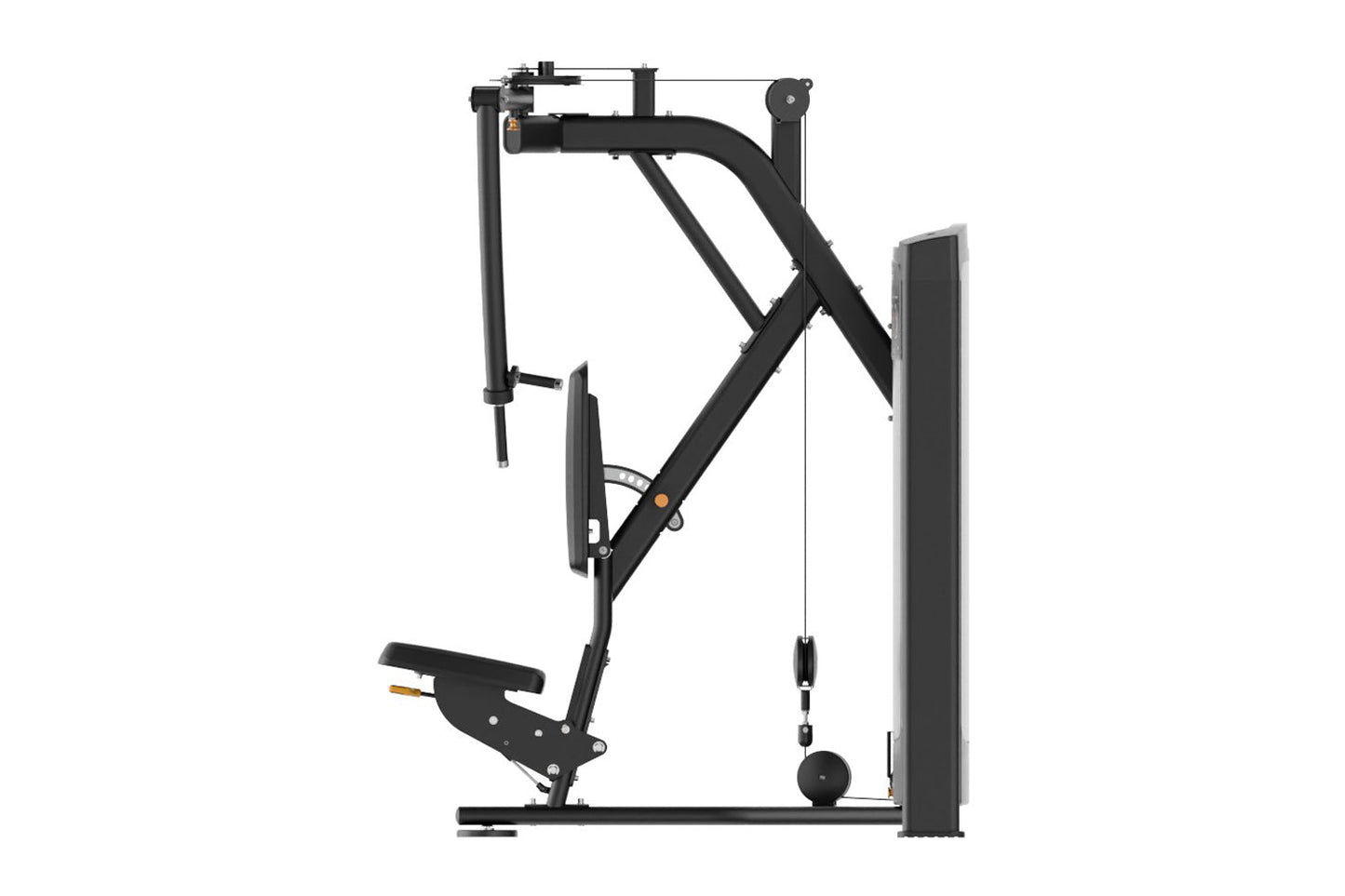 Black cable machine with pectoral fly and rear deltoid attachment, featuring adjustable arms and weight stack on white backgr