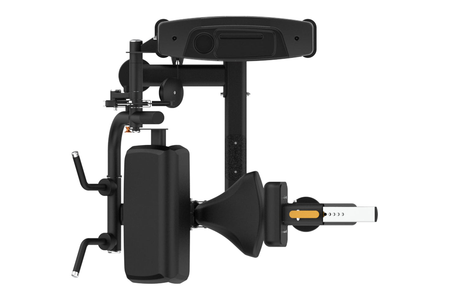 Black seated arm curl and extension machine with padded seat, adjustable arm supports, and gold accents on white background