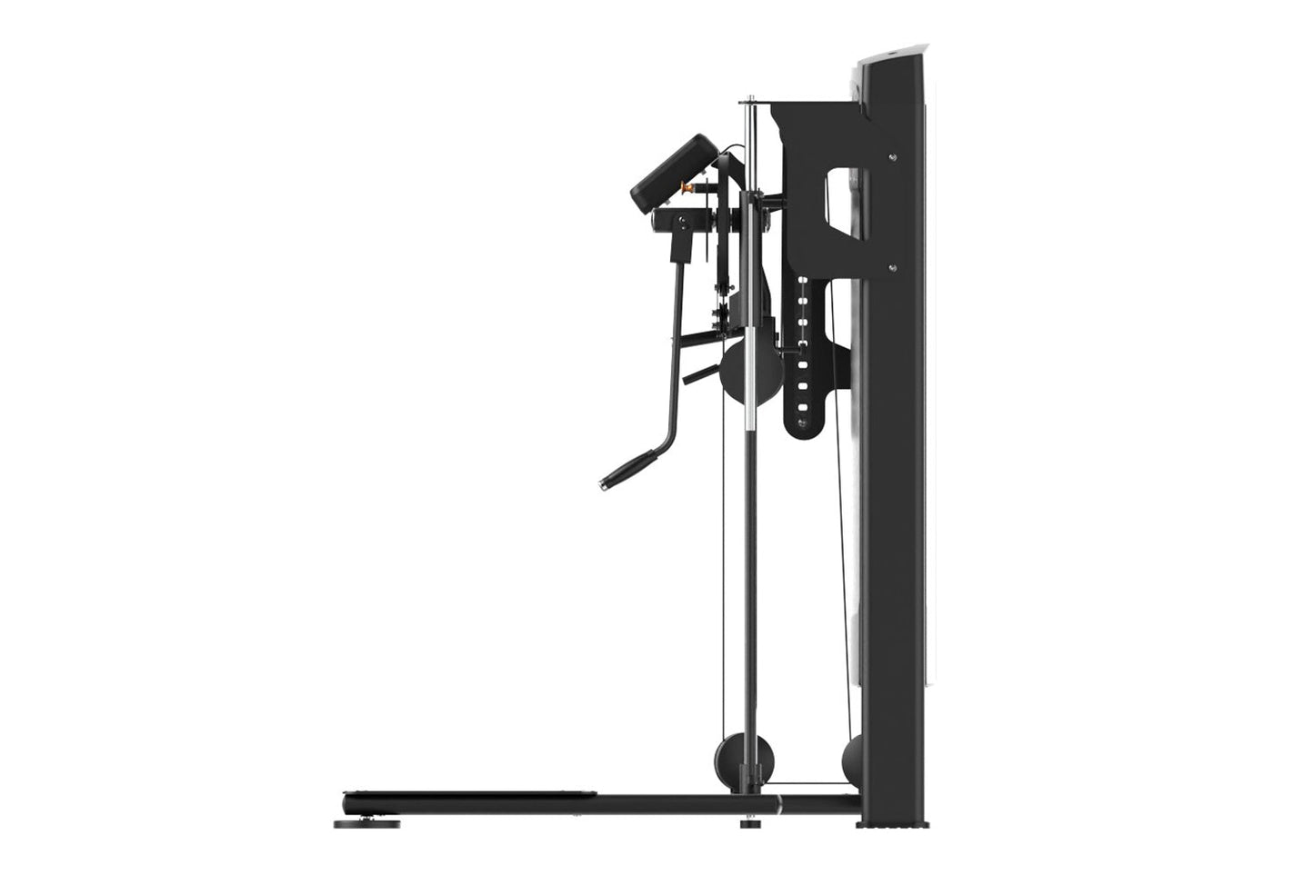 Black commercial standing multi-function cable machine with control panel, adjustable arms, and weighted pulley system on whi
