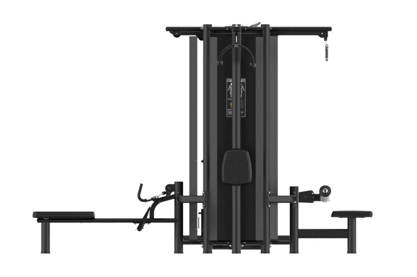 Black multi-station gym equipment with cable machine, leg press, and weight stacks on white background