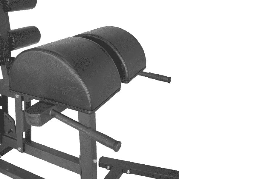 Black padded leg extension machine with cylindrical foam rollers and metal frame on white background