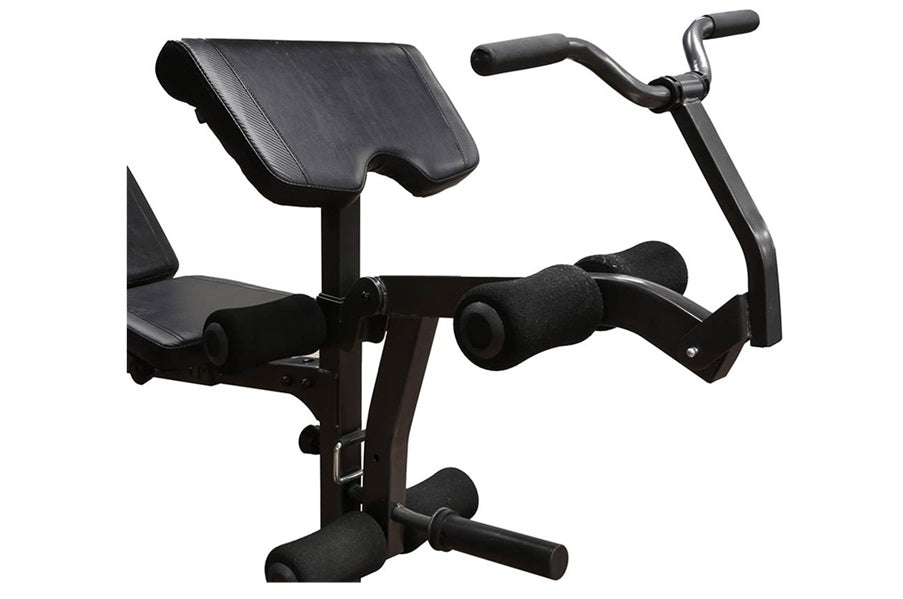 Black multi-function weight bench with padded seat and backrest, leg extension attachment, and curved handlebar, on white bac