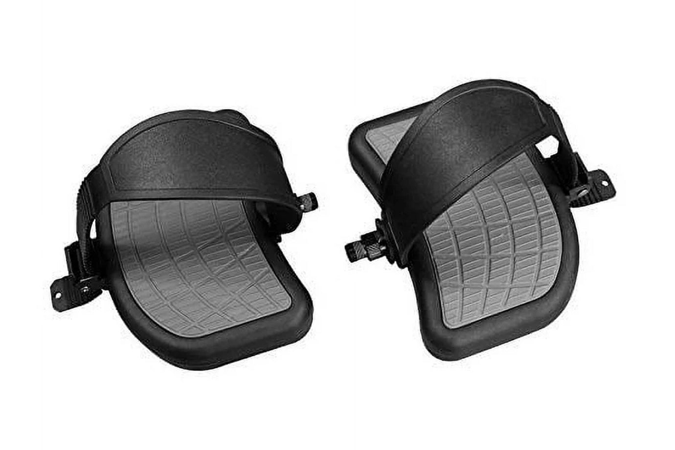 Pair of black oversized pedals with gray textured surfaces and adjustable straps, shown from front and angled views