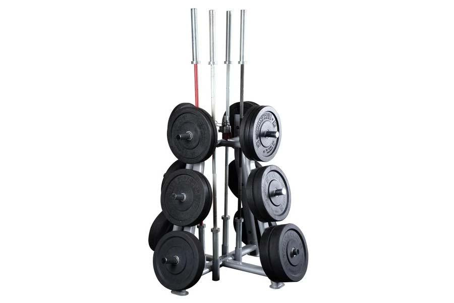 Warrior Club Pro weight and bar tree with black rubber plates and chrome weight plates mounted on gray vertical posts with fo