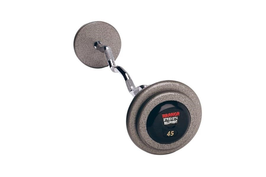 Warrior Pro-Style 45-pound cast-iron barbell with fixed bar and weight plates on white background