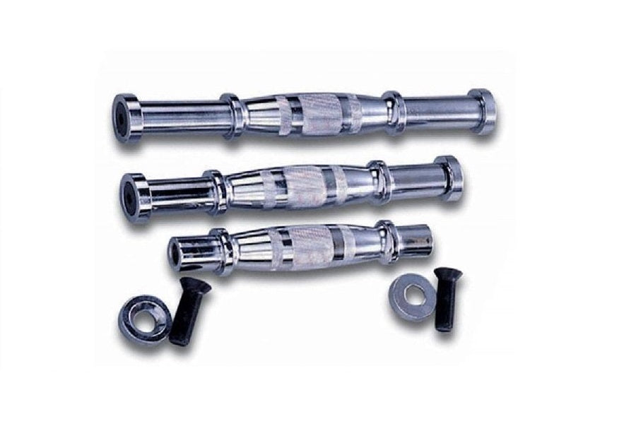 Three chrome dumbbell handles with textured grip centers and metal end caps, displayed with two metal collars on white backgr