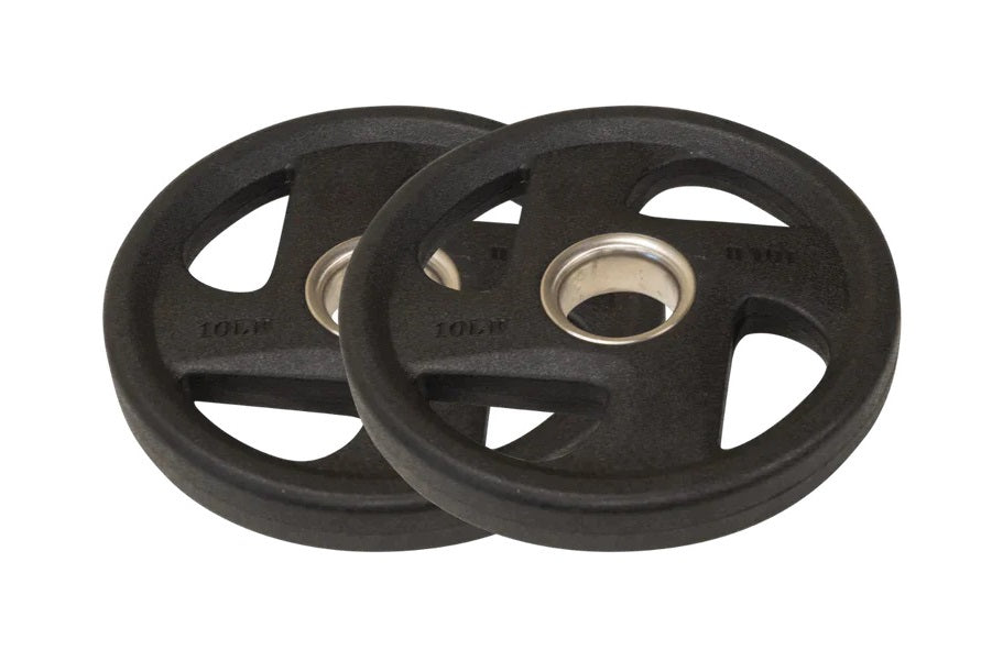 Pair of black rubber Olympic weight plates with grip handles and silver metal center rings, flat lay on white background