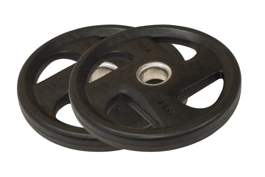 Pair of black rubber grip Olympic weight plates with grip handles and center hole, flat lay on white background