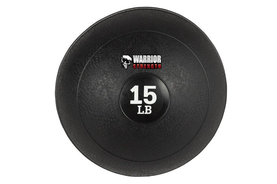 Warrior Strength black rubber 15 LB slam ball with textured surface on white background