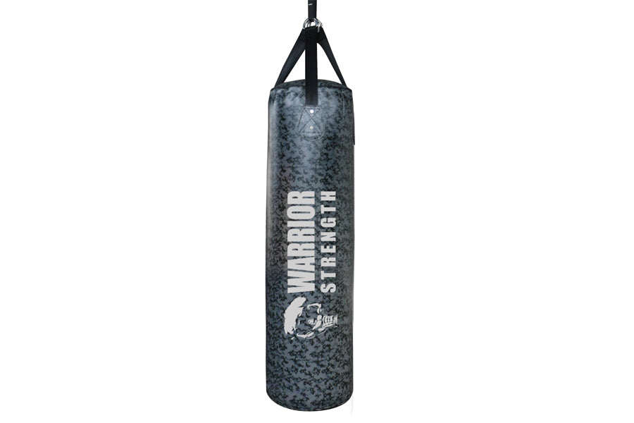 Warrior Pro heavy punching bag in dark gray textured vinyl with black straps, hanging against white background