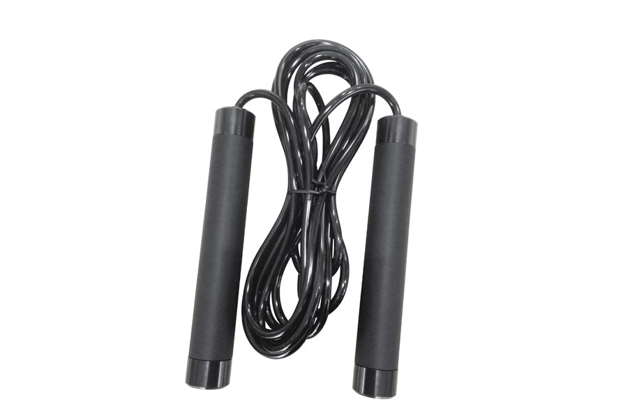 Black speed jump rope with foam handles and connected cable on white background