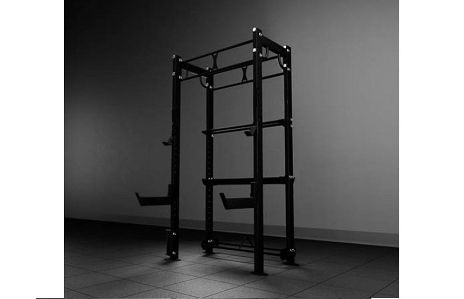 Black modular storage system rig with steel frame, multiple horizontal cross bars, and integrated foot platforms, on tiled fl