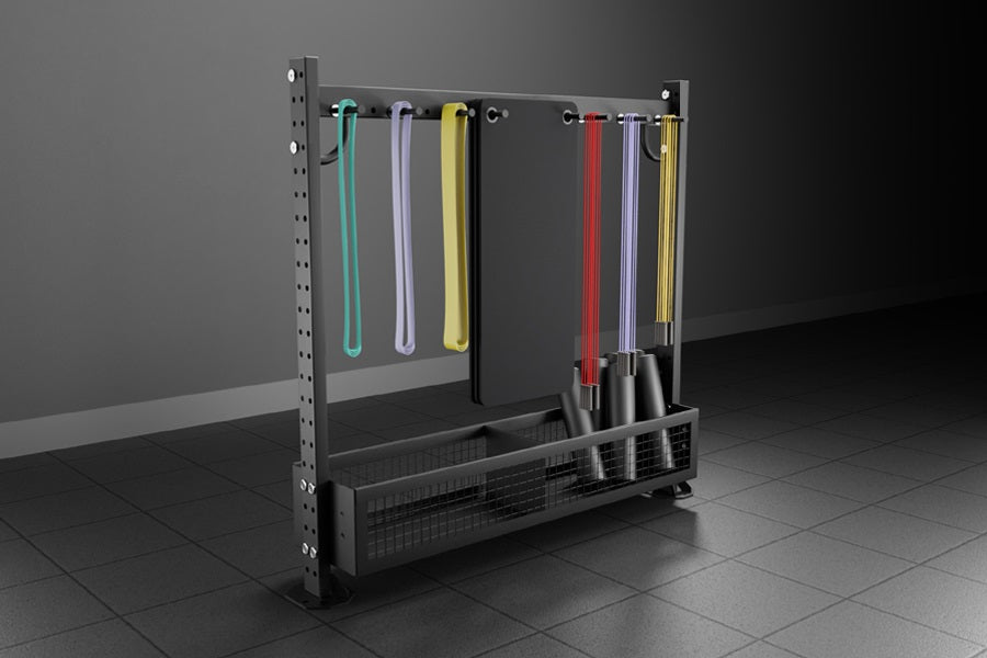 Black metal storage rack system with colorful resistance bands and suspension straps hanging on horizontal bars, featuring bo