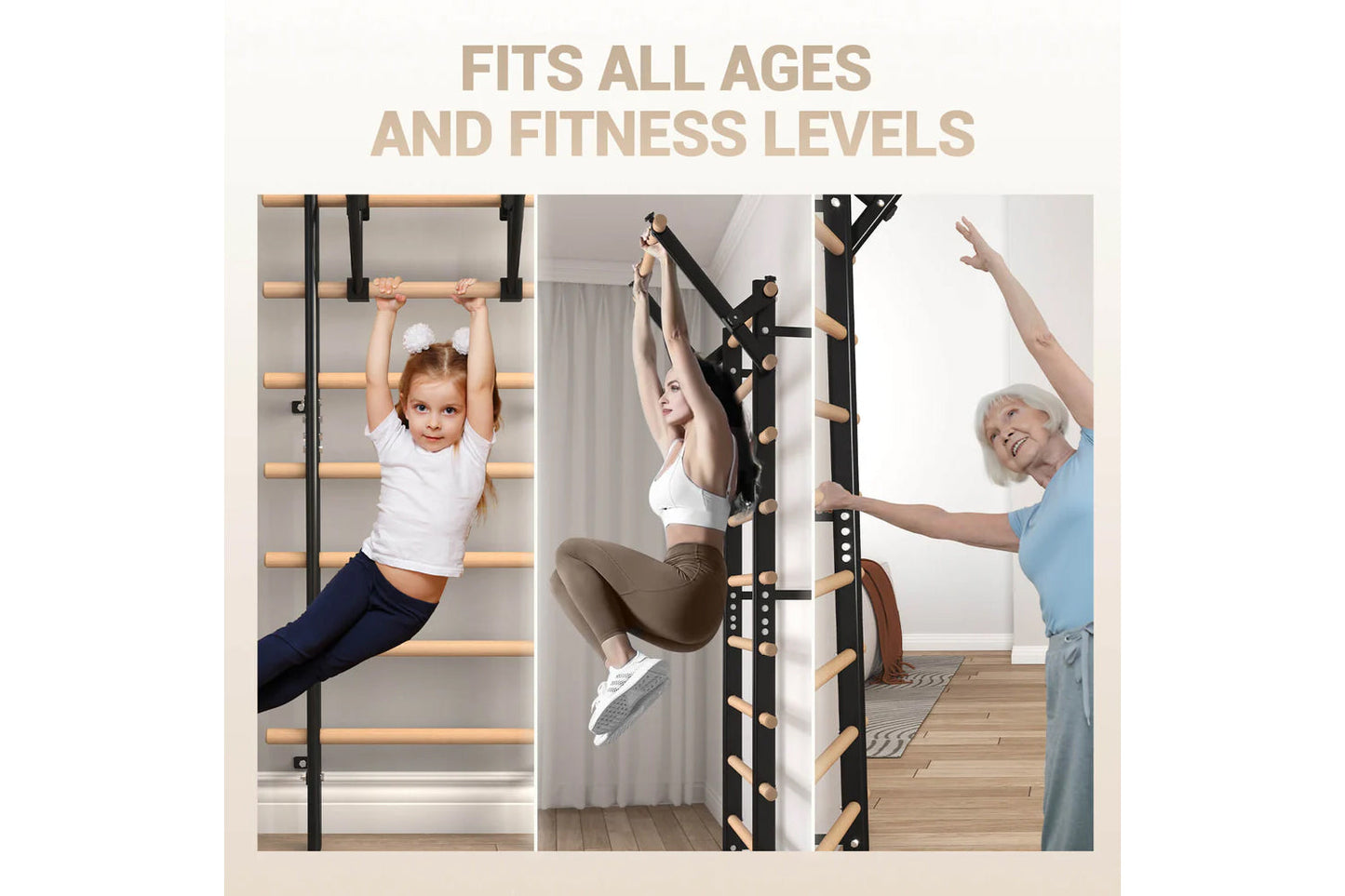 Wall-mounted Swedish stall bars with wooden rungs and black frame, shown in use by child, adult, and senior demonstrating exe