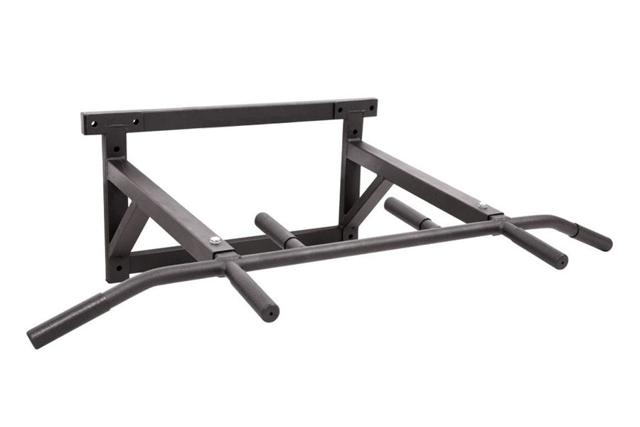 Heavy duty wall-mounted chin up bar with multiple grip positions in dark gray metal, angled view on white background