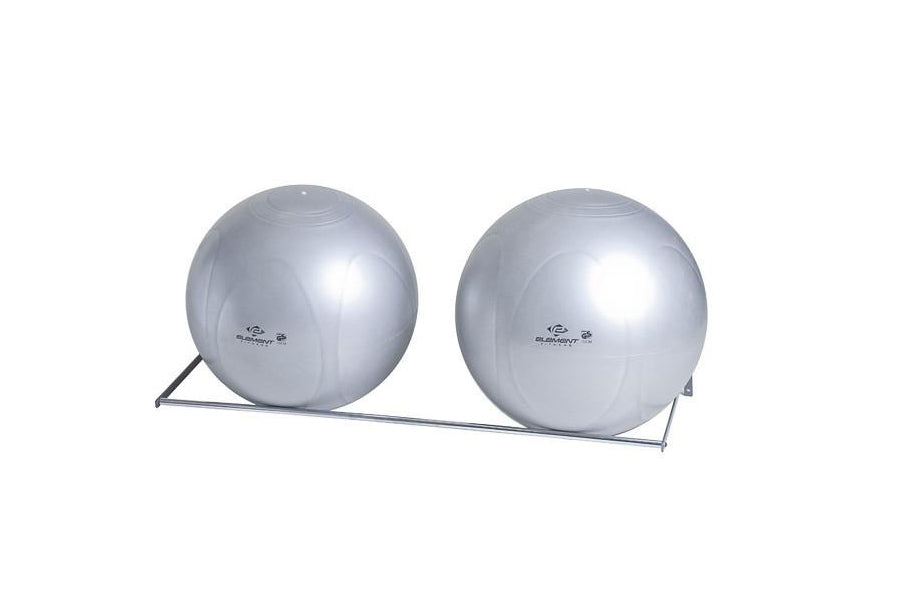 Silver gym ball rack with two shiny stability balls on metal frame, wall-mounted storage