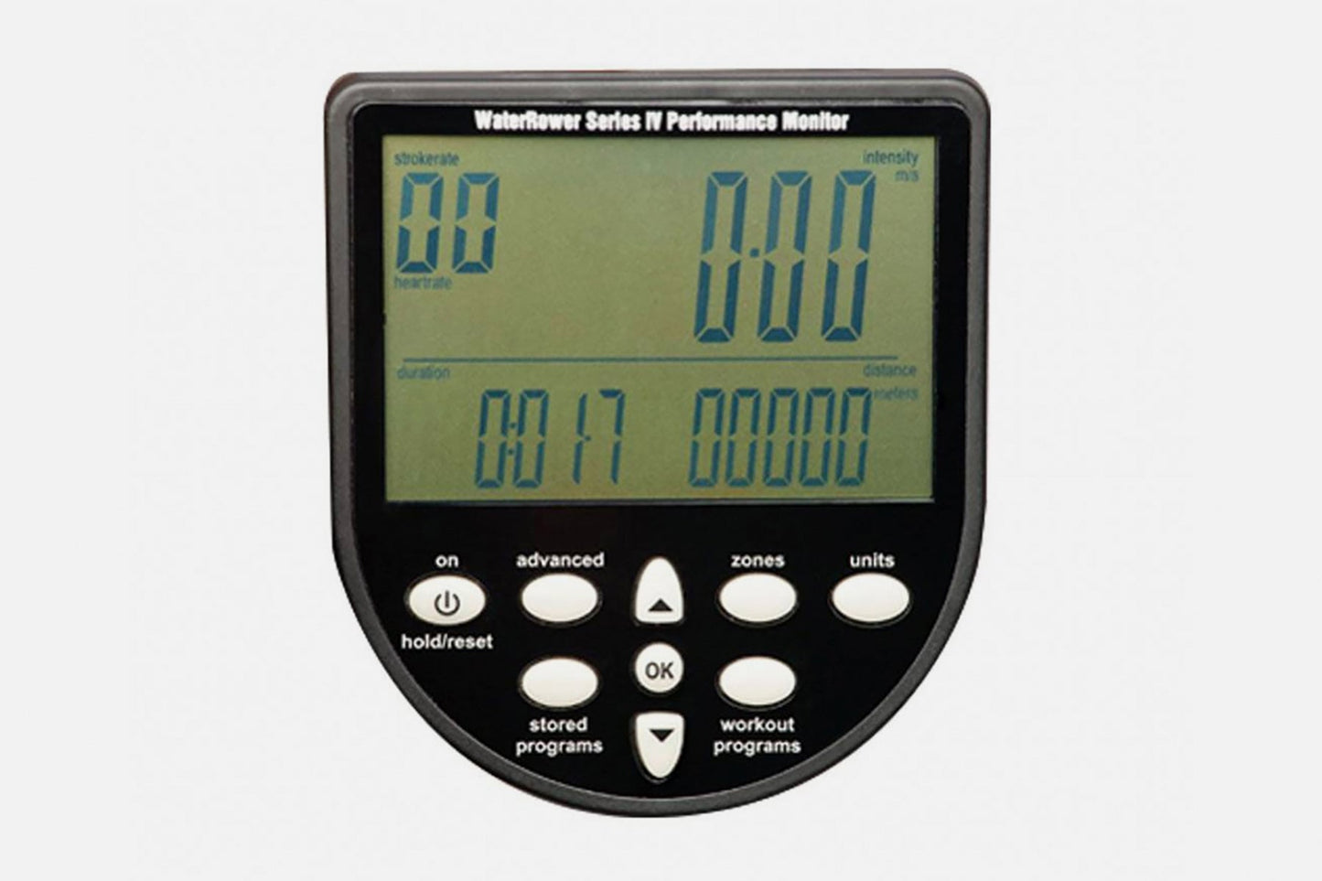 Waterrower Series IV Performance Monitor with LCD display showing workout metrics, black casing with control buttons, on whit