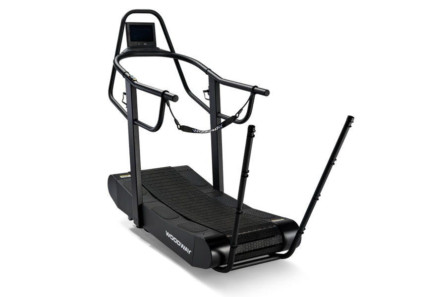Black Woodway Curve FTG treadmill with curved running surface, dual handles with grip bars, and adjustable resistance arms on