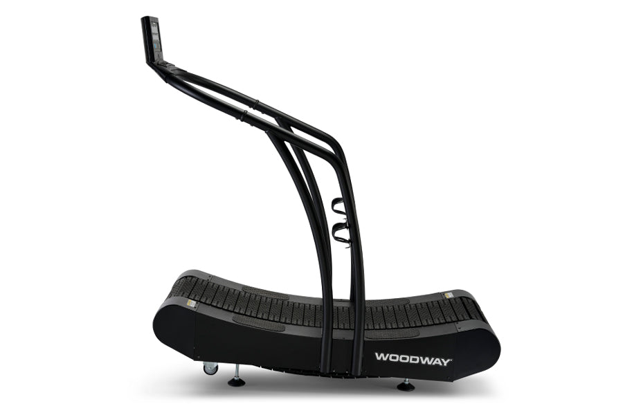 Black Woodway Curve XL treadmill with curved running deck and angled handlebar on white background