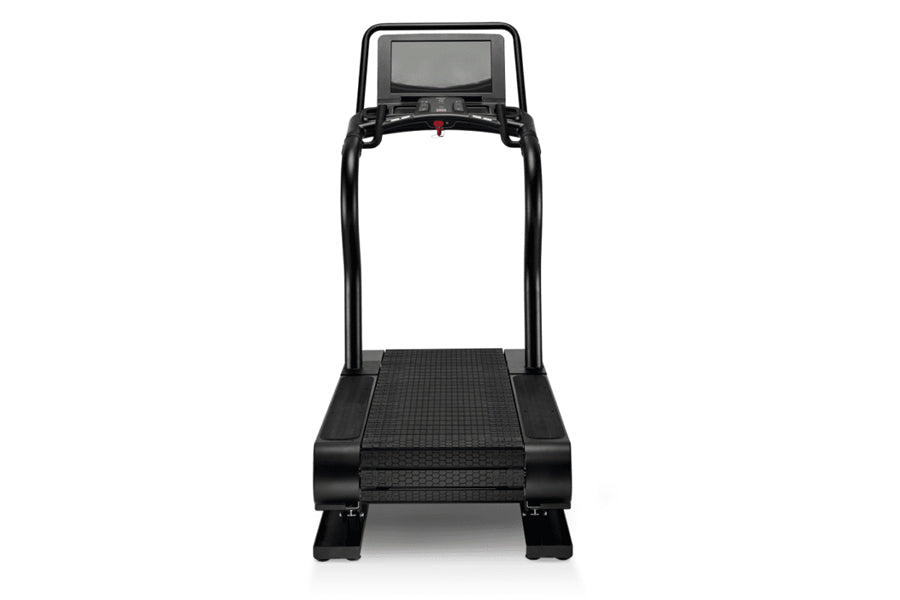 Black Woodway Ridgerunner treadmill with digital display console, textured running deck, and sturdy frame on white background