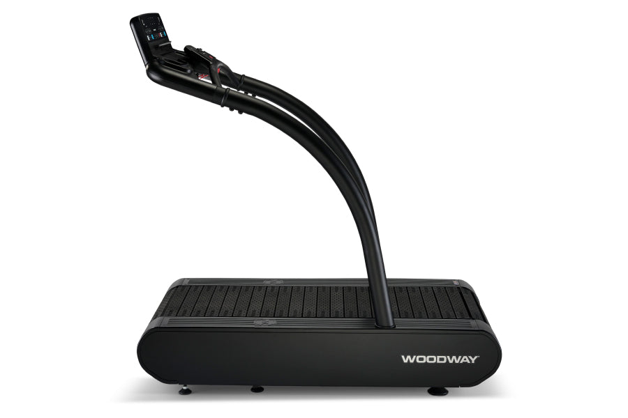 Woodway Vive black curved treadmill with digital display console and control panel, side view on white background