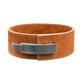 Tan suede leather powerlifting belt with white contrast stitching and black lever buckle closure on white background
