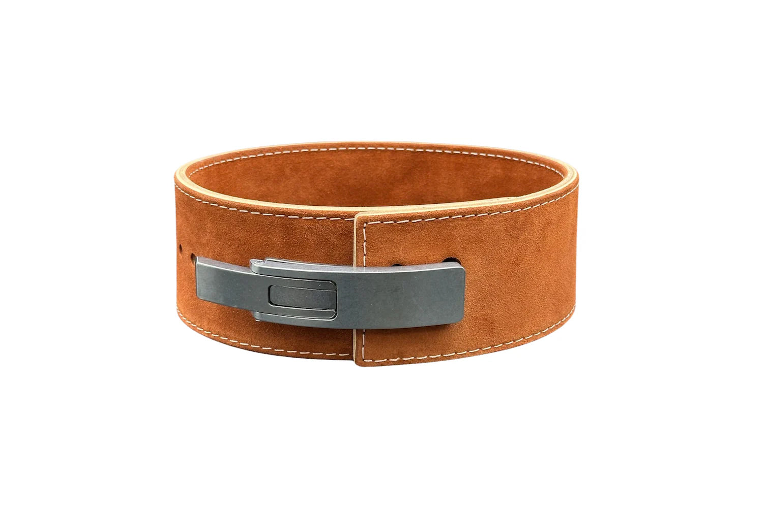 Tan suede leather powerlifting belt with white contrast stitching and black lever buckle closure on white background