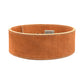 Tan leather powerlifting belt with white contrast stitching and silver metal lever buckle closure on white background