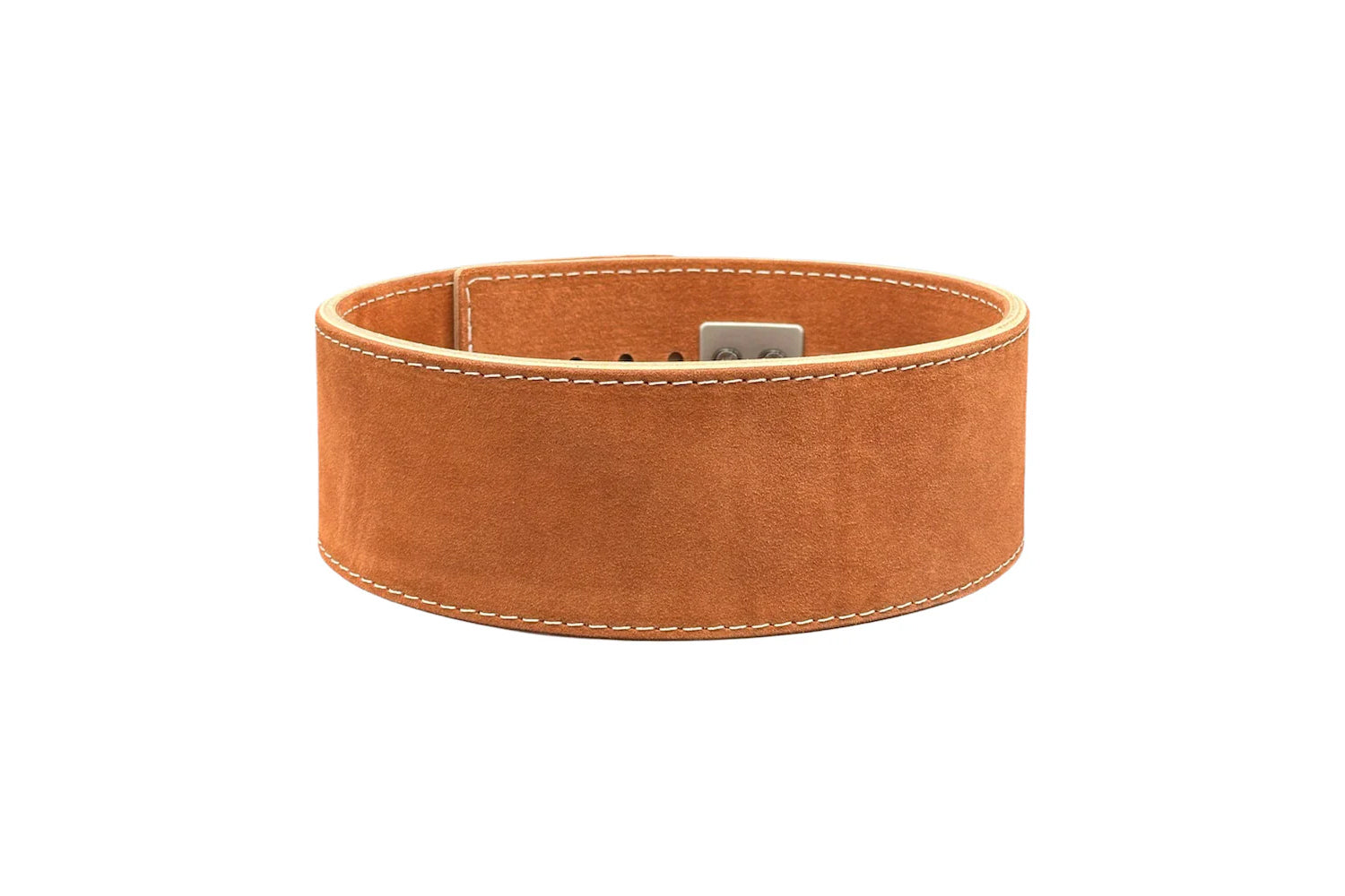 Tan leather powerlifting belt with white contrast stitching and silver metal lever buckle closure on white background