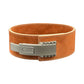 Tan suede leather powerlifting belt with white contrast stitching and silver metal lever buckle closure, flat lay on white ba