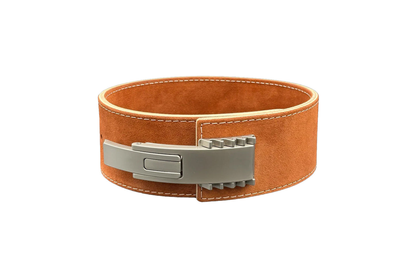 Tan suede leather powerlifting belt with white contrast stitching and silver metal lever buckle closure, flat lay on white ba