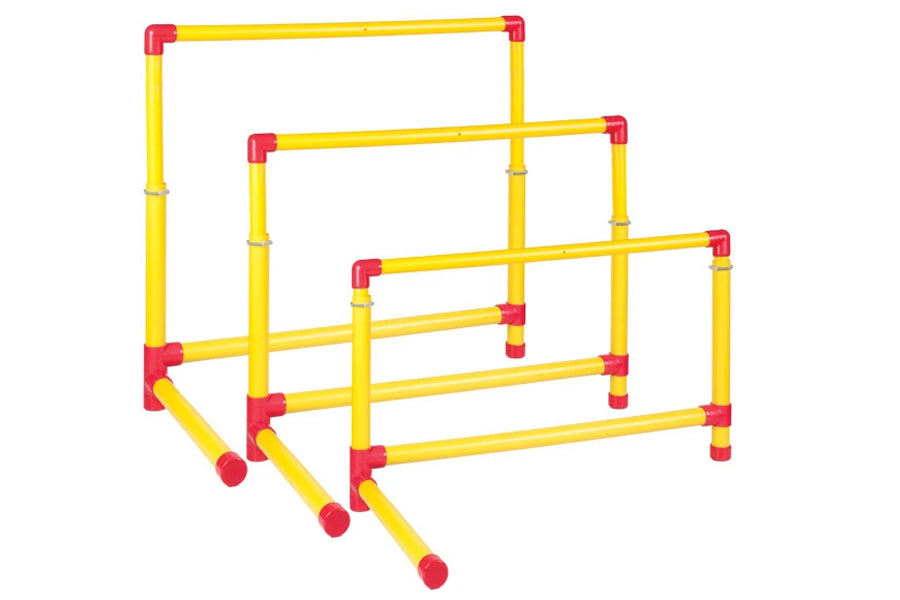 Three yellow adjustable hurdles with red connectors and feet, displayed in graduated heights on white background