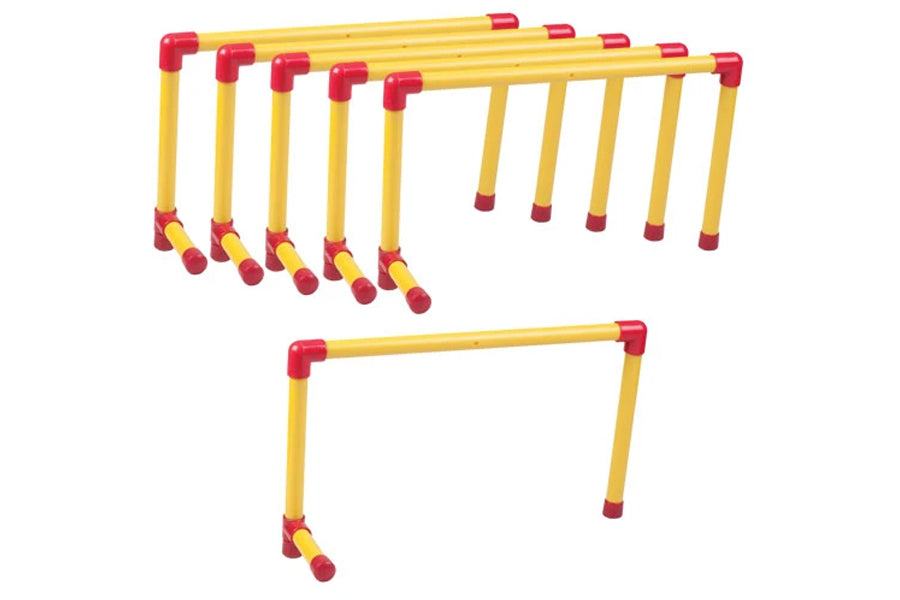 Yellow and red plastic hurdle set with five adjustable hurdles and one single hurdle on white background
