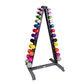 Warrior 12-pair vertical dumbbell tree rack with colorful dumbbells in pink, purple, green, white, blue, red, black, yellow, 